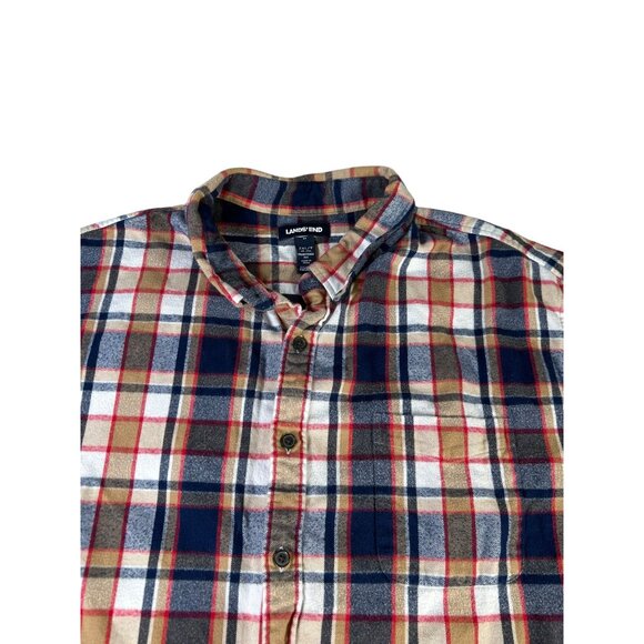 Lands End Flannel Shirt Beige Red White Plaid Men's 3XL/T Long Sleeve Buttons - Picture 4 of 12